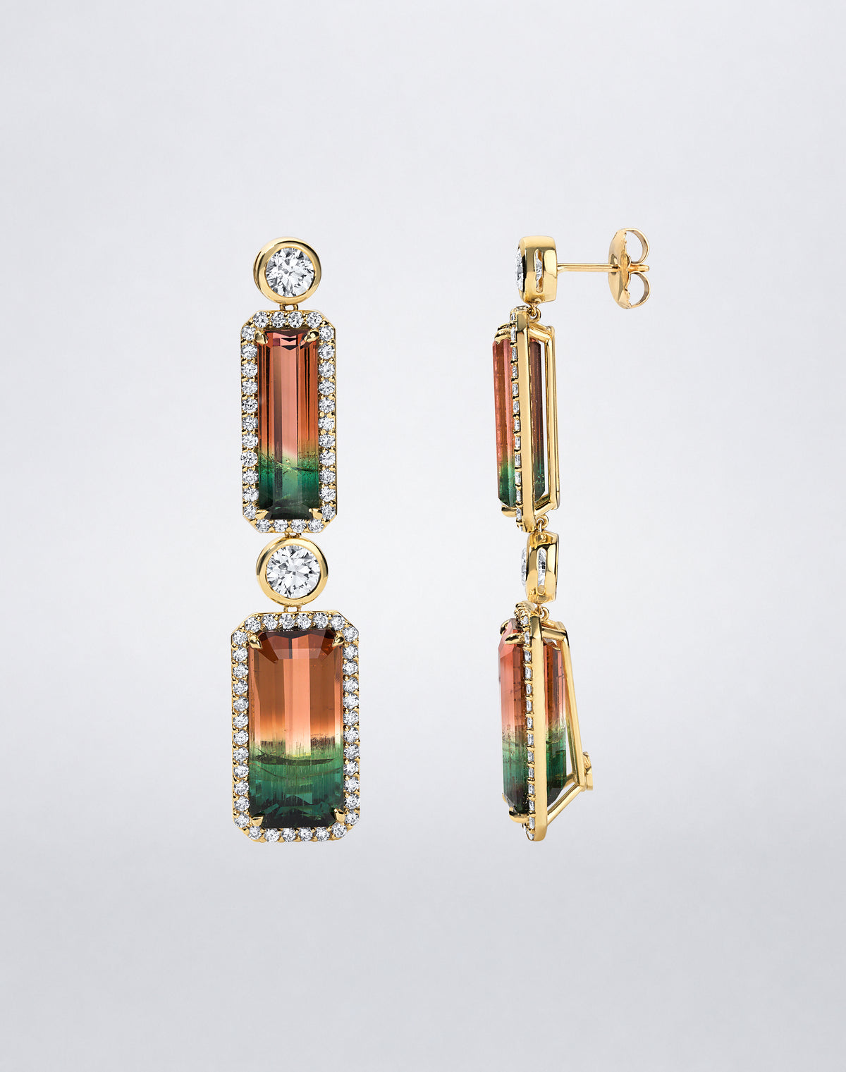 Mindi Mond New York Bi-Color Watermelon Tourmaline Earrings in 18K yellow gold, shown in front and side views with rectangular bi-color tourmalines, diamond halos, and round diamond connectors.