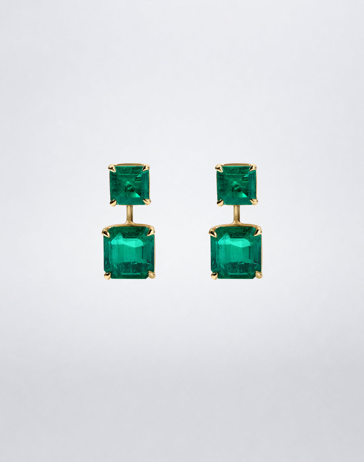 Mindi Mond New York ICONS Colombian Emerald Drop and Stud Earrings in 18K yellow gold, front view featuring square and rectangular emerald-cut Colombian emeralds.