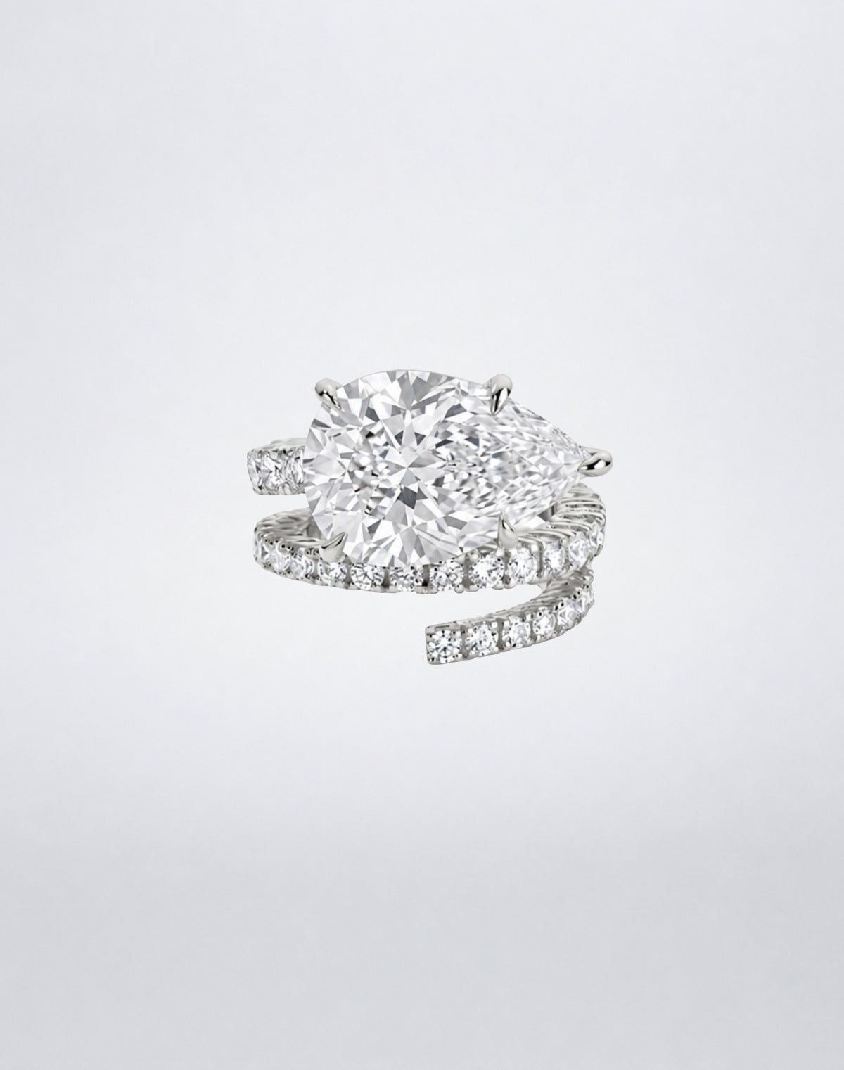 Mindi Mond New York Diamond Spiral Ring with pear-shaped diamond and pavé diamond spiral in 18K white gold.