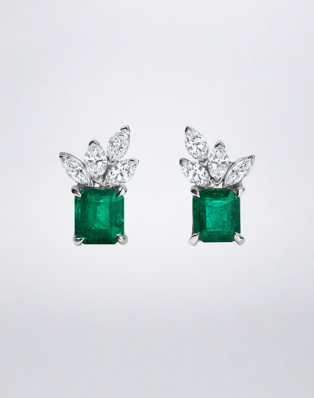 Mindi Mond New York ICONS Emerald Cluster Marquise Studs, front view featuring emerald-cut emeralds crowned with marquise-cut diamond clusters.