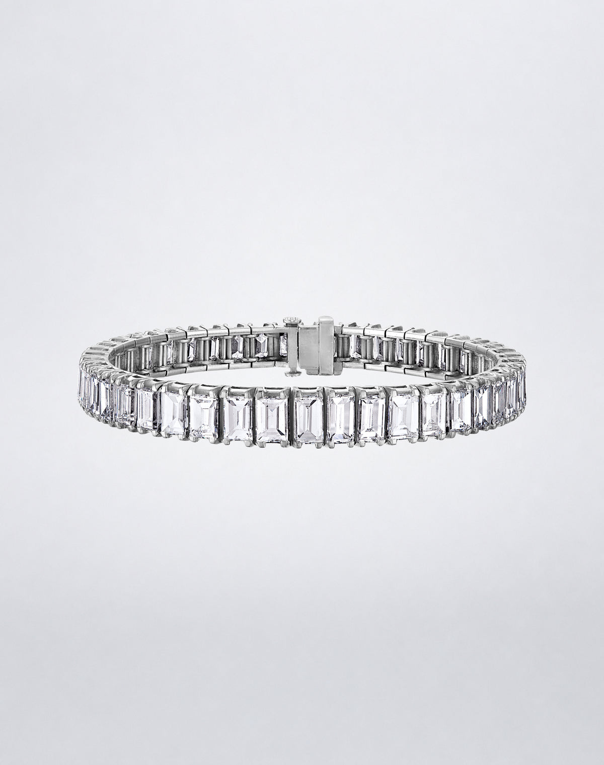 Mindi Mond New York ICONS Emerald Cut Diamond Line Bracelet in platinum, front view showcasing a continuous line of emerald-cut diamonds.