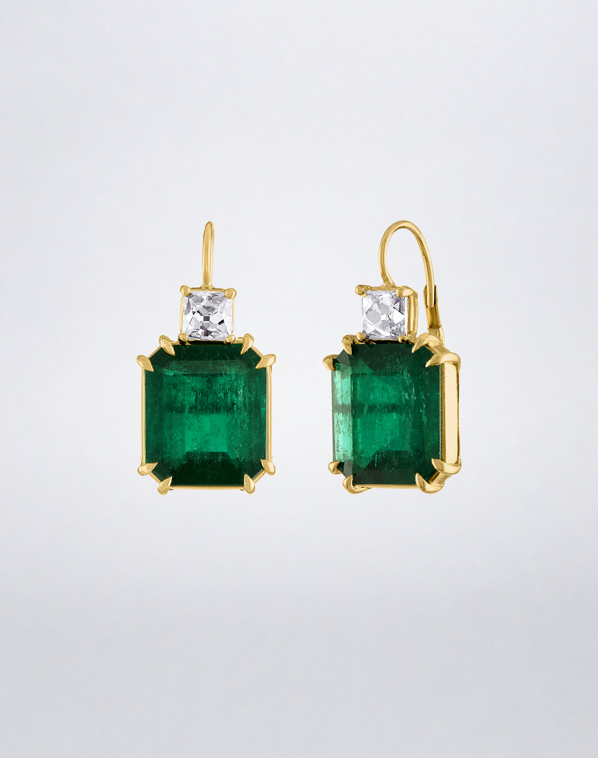 Mindi Mond New York ICONS Emerald and French-Cut Diamond Sheri Earrings in 18K yellow gold, front view featuring emerald-cut emeralds and French-cut diamonds.