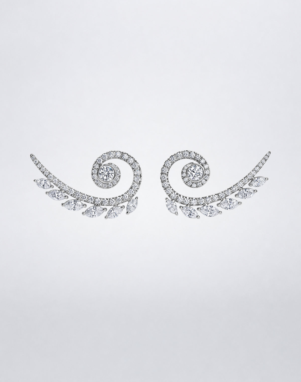 Mindi Mond New York ICONS Fibonacci Earrings in 18K white gold, front view showcasing a sculptural spiral of round and marquise-cut diamonds.