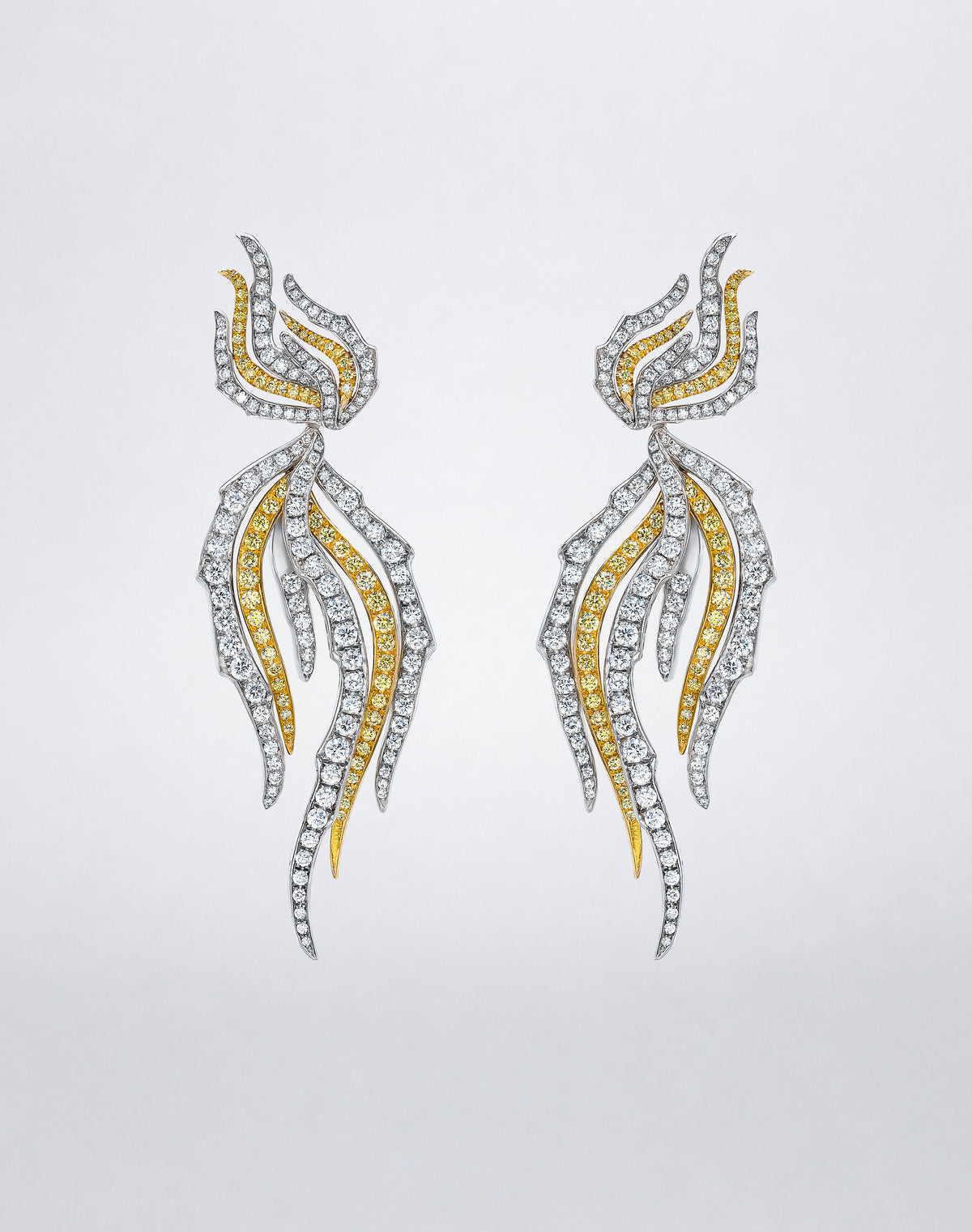 Mindi Mond New York ICONS Fire and Ice Diamond Earrings, front view showcasing the full detachable design with cascading white and yellow diamond forms.