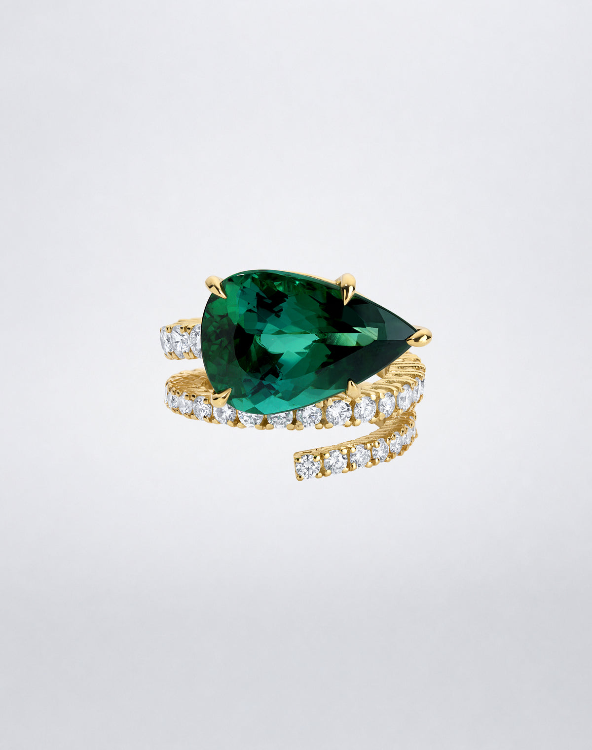 Mindi Mond New York Green Tourmaline and Diamond Double Spiral Ring with pear-shaped green tourmaline and pavé diamonds in 18K yellow gold.