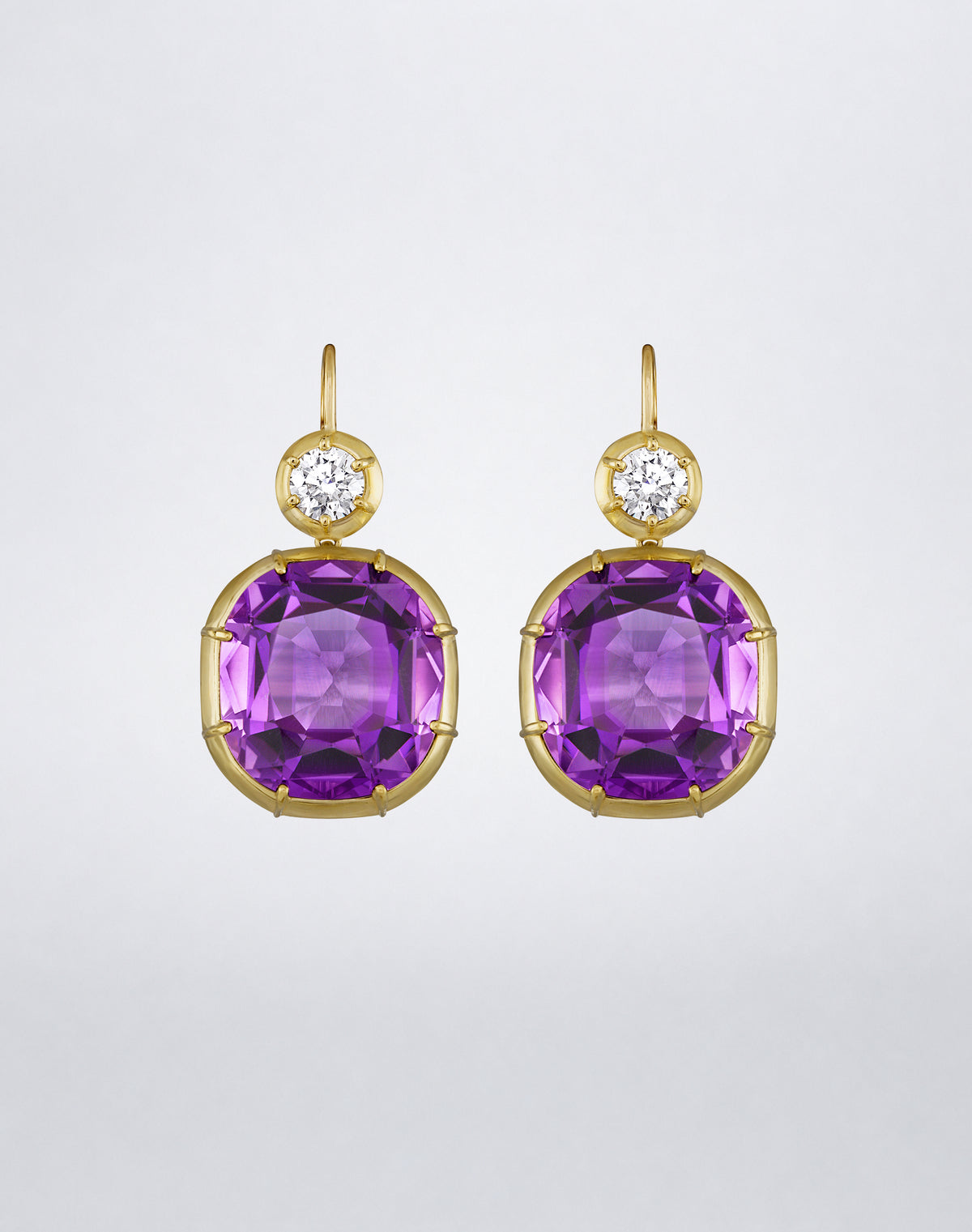 Mindi Mond New York ICONS Imperial Amethyst Diamond Drop Earrings in 18K yellow gold, front view featuring cushion-cut amethysts suspended beneath round diamonds.