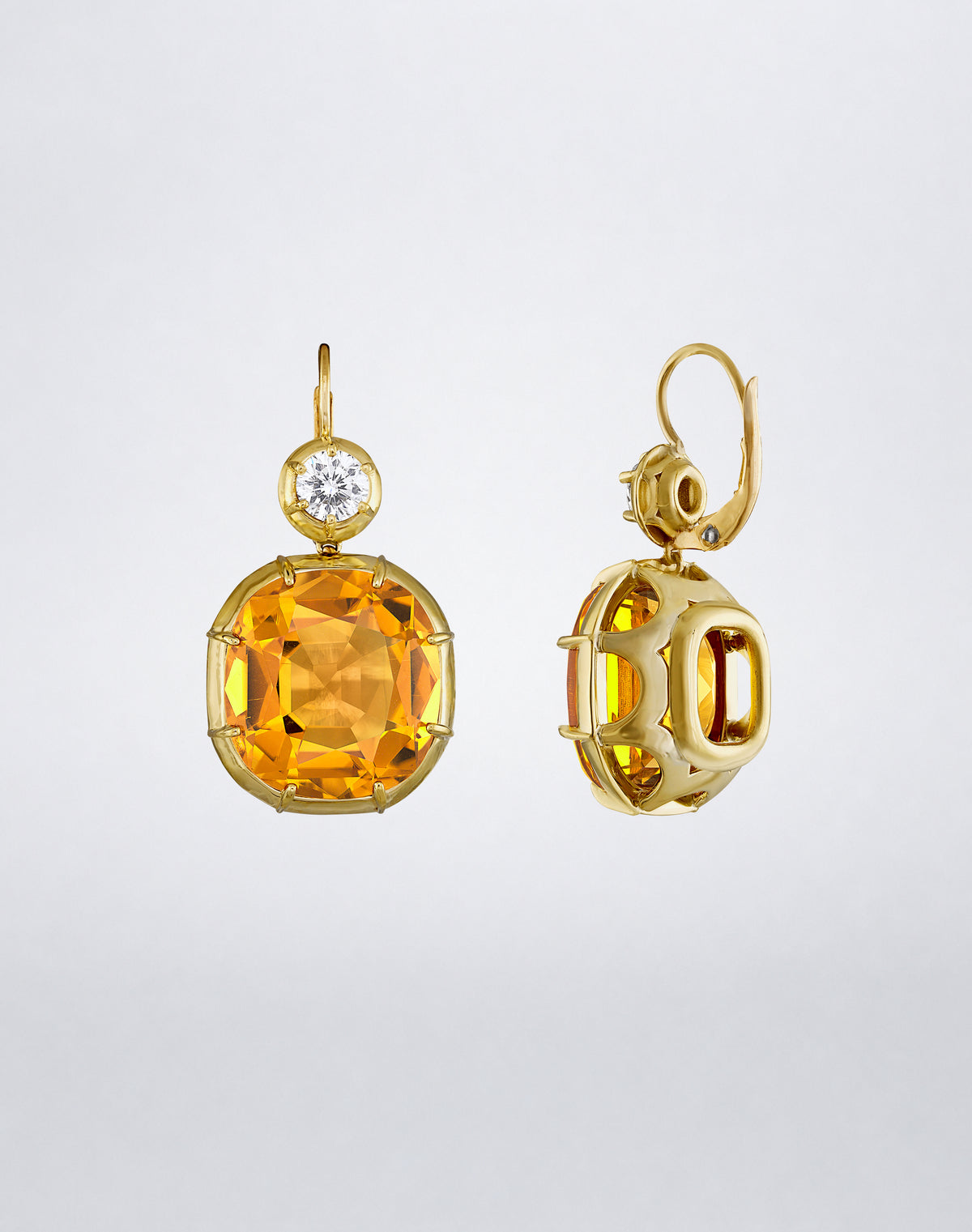 Mindi Mond New York ICONS Imperial Citrine Diamond Drop Earrings in 18K yellow gold, detail view showing a cushion-cut citrine and round diamond setting.