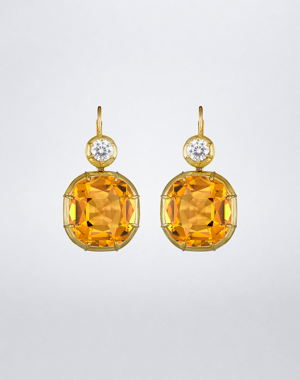 Mindi Mond New York ICONS Imperial Citrine Diamond Drop Earrings in 18K yellow gold, front view featuring cushion-cut citrines suspended beneath round diamonds.
