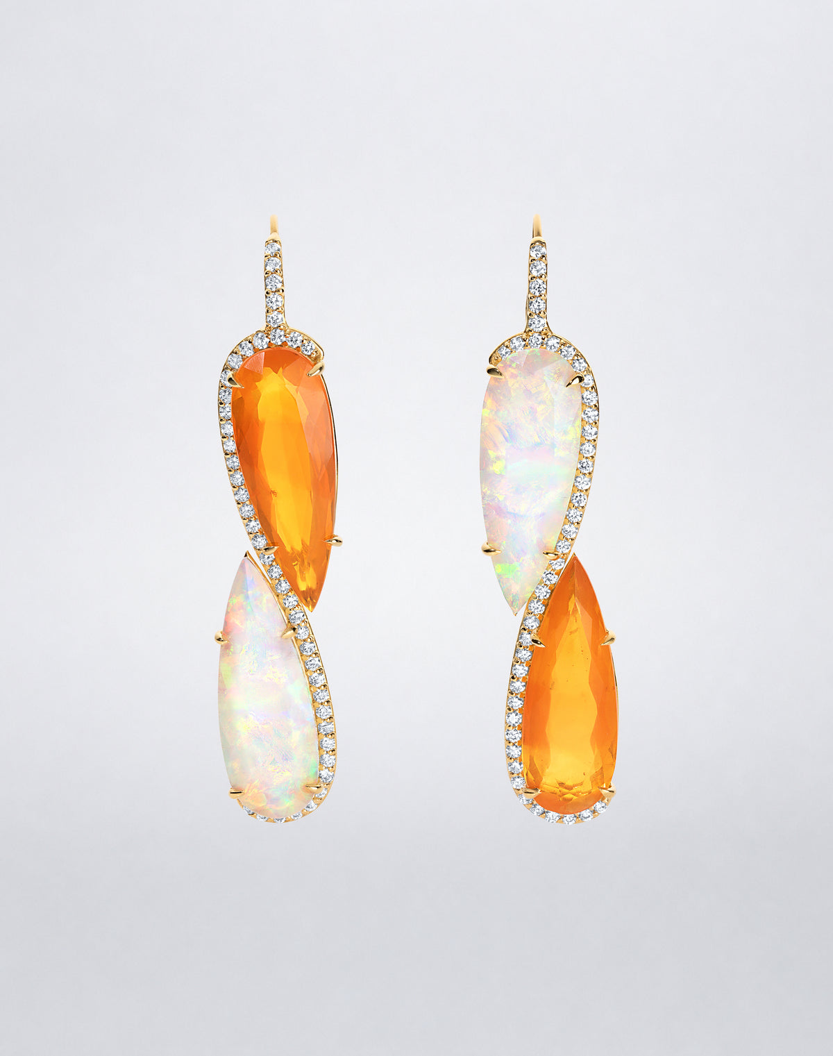 Mindi Mond New York ICONS Infinity Opal Earrings in 18K yellow gold, front view featuring elongated white and orange opals traced with diamonds.