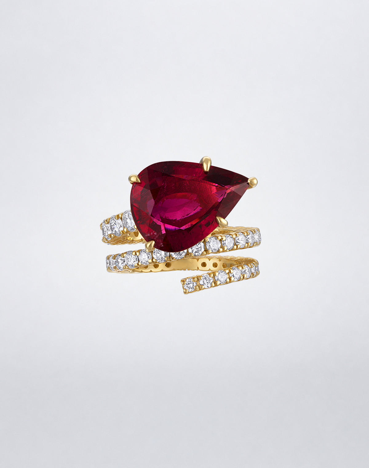 Mindi Mond New York Rubellite and Diamond Double Spiral Ring with vivid rubellite and diamond spiral bands in 18K yellow gold, front view.