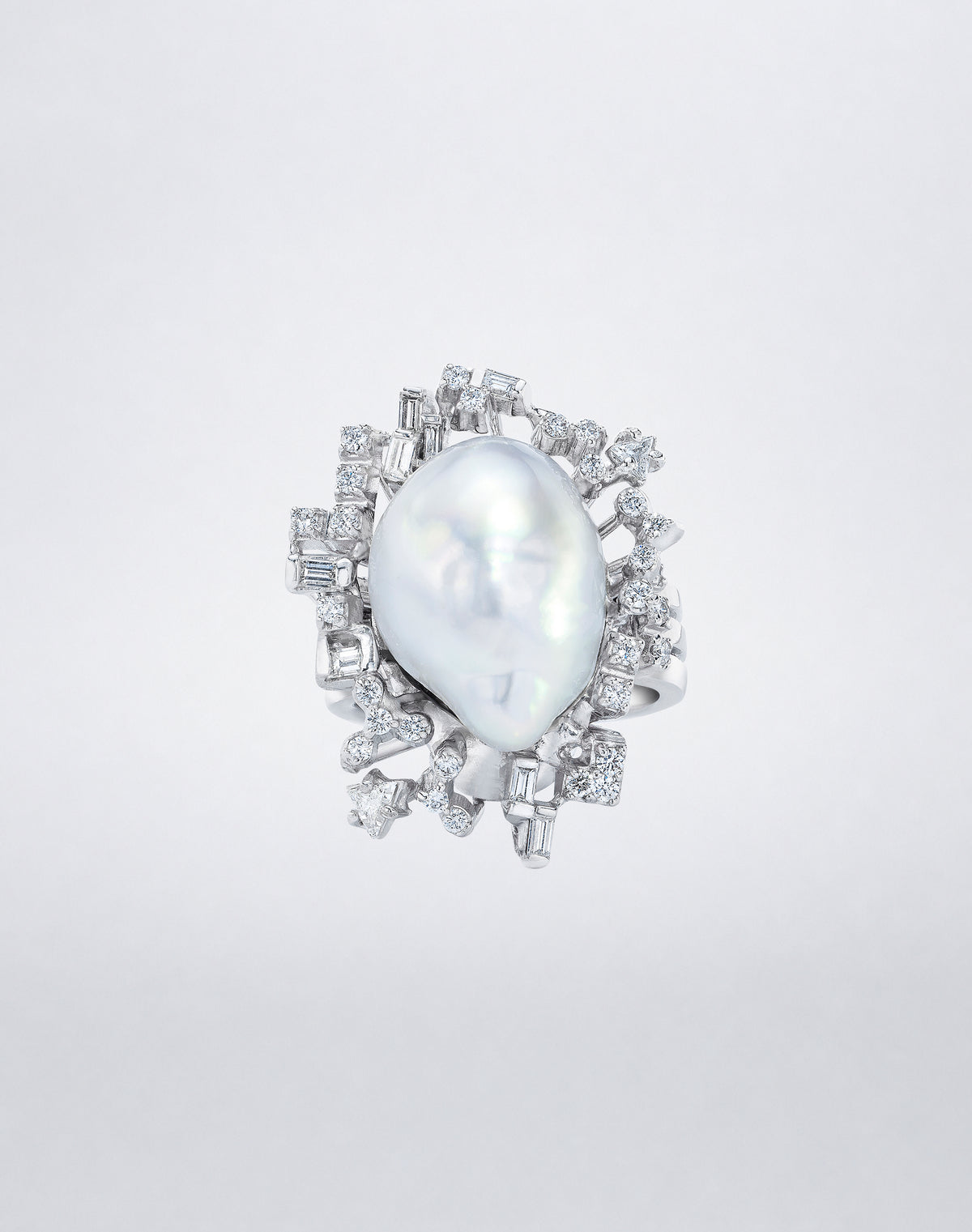 Mindi Mond New York South Sea Baroque Pearl Diamond Ring with a luminous baroque pearl surrounded by mixed-cut diamonds in 18K white gold, front view.