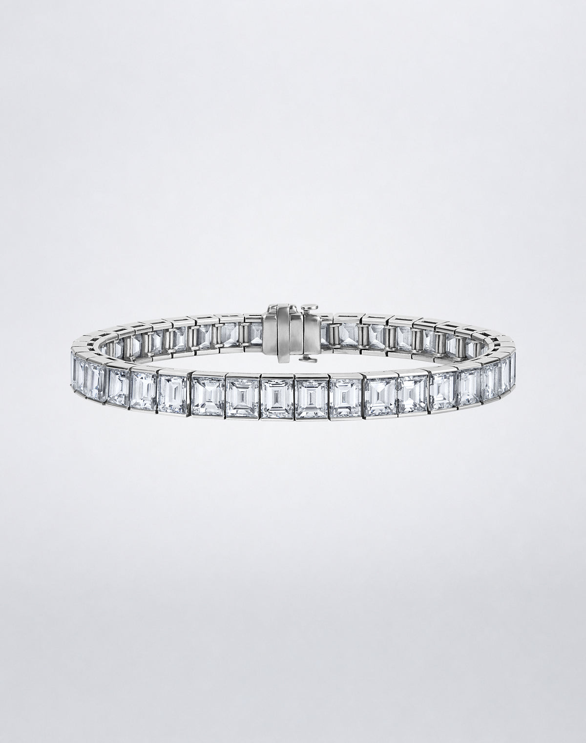 Mindi Mond New York ICONS Square Emerald-Cut Diamond Line Bracelet in platinum, front view showcasing a continuous line of square emerald-cut diamonds.