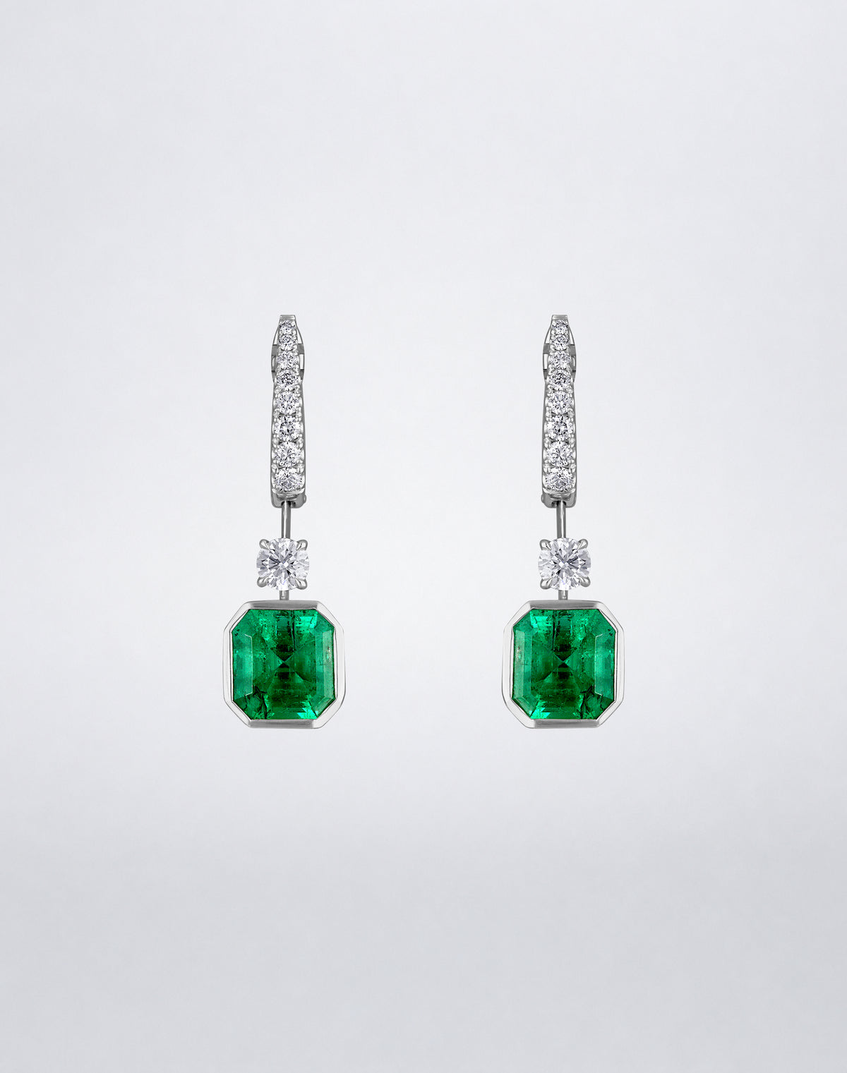 Mindi Mond New York ICONS Suspended Gemstone and Diamond Earrings in 18K white gold, front view featuring square emerald-cut emeralds suspended beneath round diamonds.