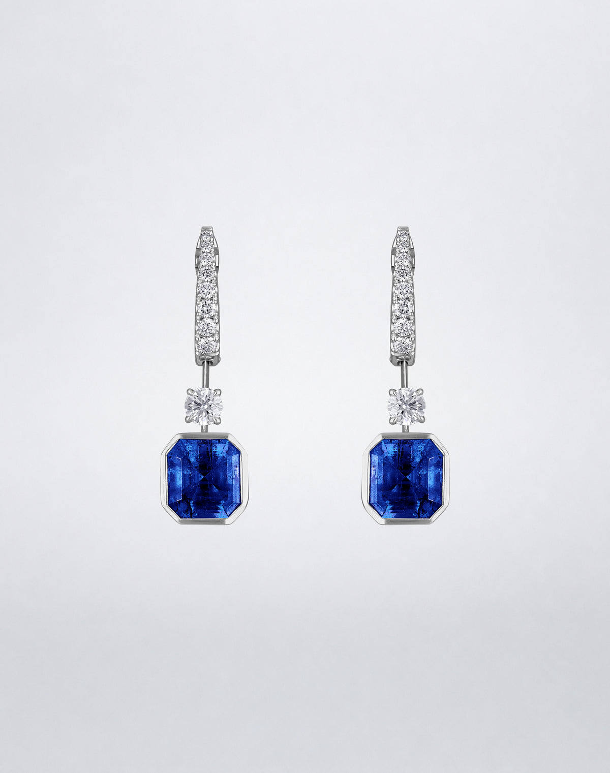 Mindi Mond New York ICONS Suspended Gemstone and Diamond Earrings in 18K white gold, front view featuring square emerald-cut sapphires suspended beneath round diamonds.