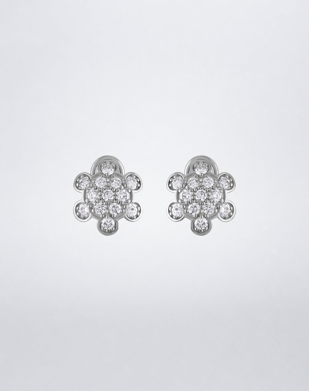 Mindi Mond New York ICONS Turtle Back Pavé Stud Earrings in 18K white gold, front view featuring round diamonds in a sculptural turtle-inspired design.