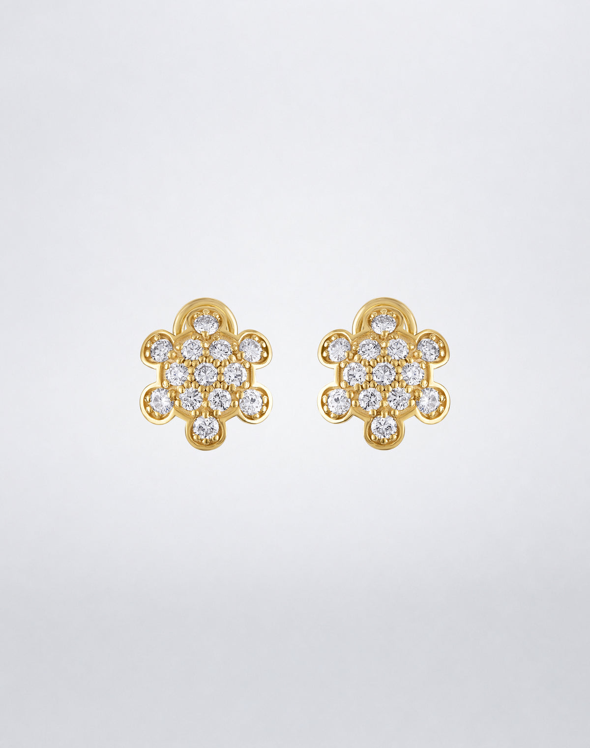 Mindi Mond New York ICONS Turtle Back Pavé Stud Earrings in 18K yellow gold, front view featuring round diamonds in a sculptural turtle-inspired design.