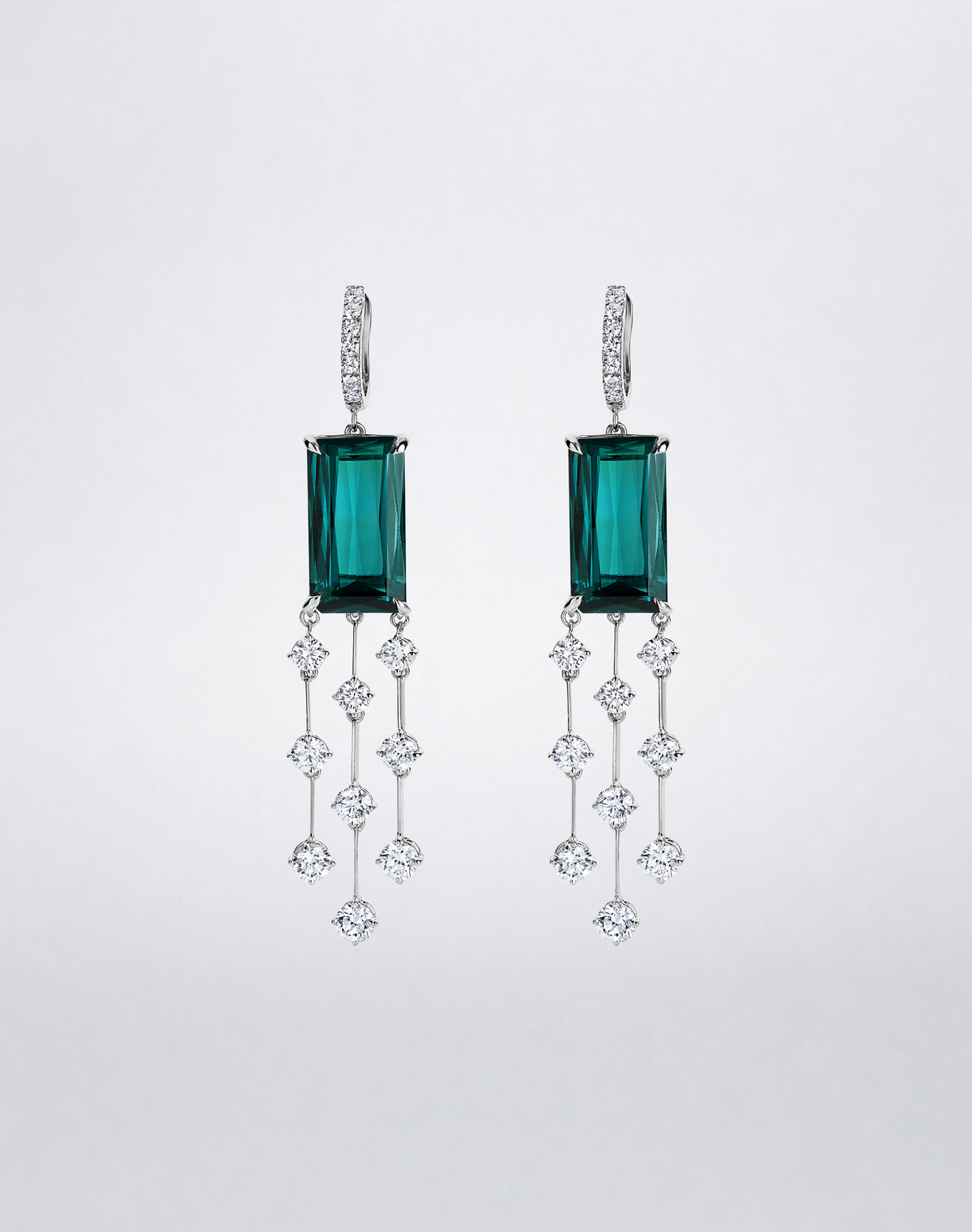 Mindi Mond New York ICONS Weeping Willow Indicolite Earrings in 18K white gold, front view featuring rectangular indicolite tourmalines with cascading round diamond strands.