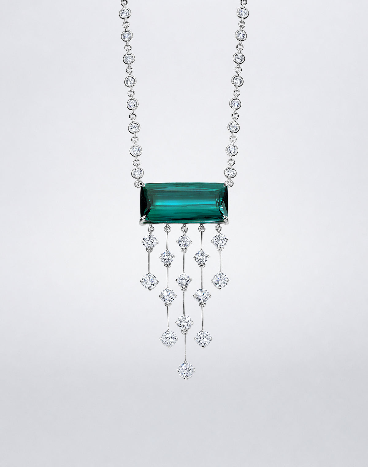 Mindi Mond New York Weeping Willow Indicolite Tourmaline Necklace in 18K white gold with cascading diamonds.