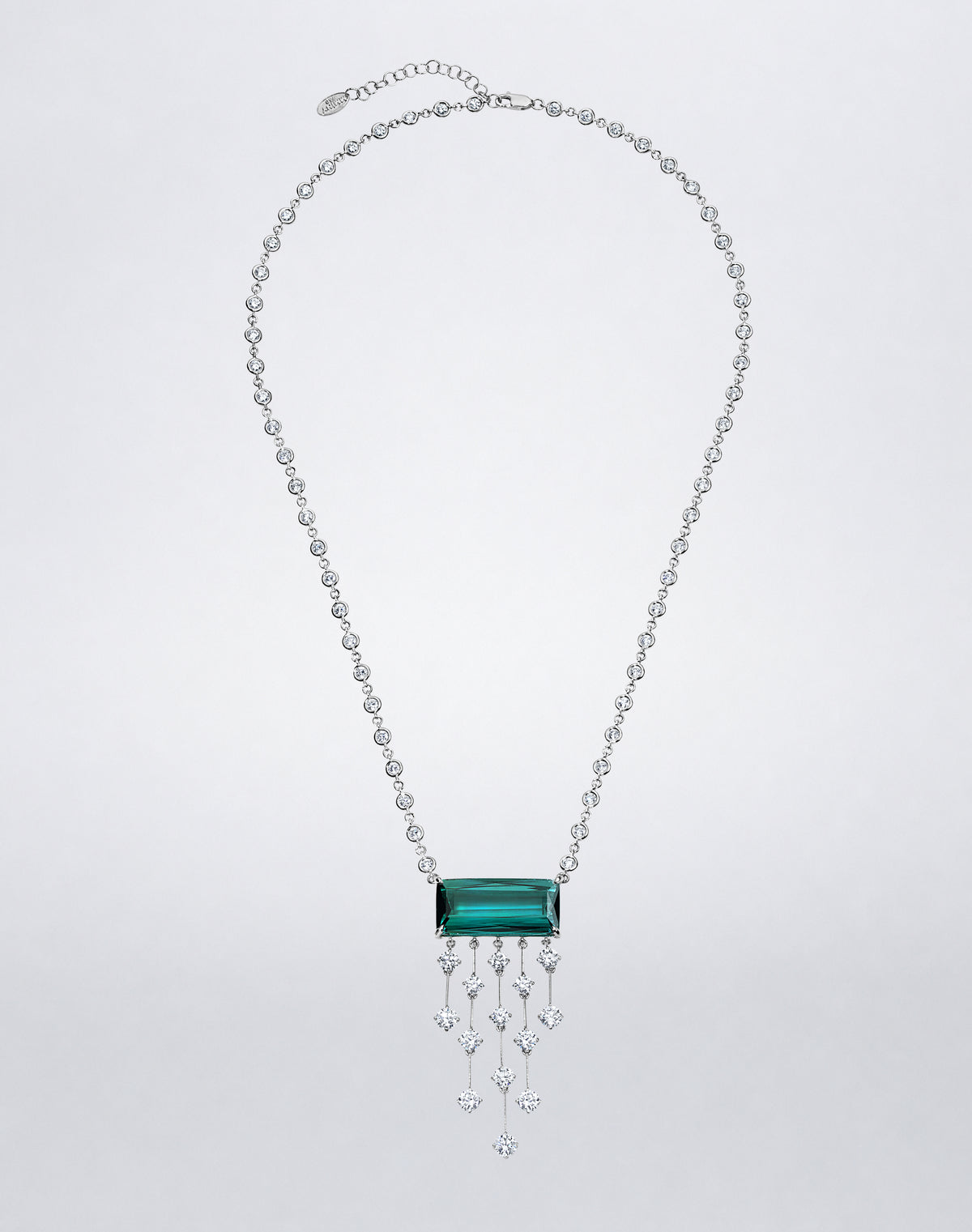 Full view of Mindi Mond New York Weeping Willow Indicolite Tourmaline Necklace with diamond-set chain and cascading diamond drops.