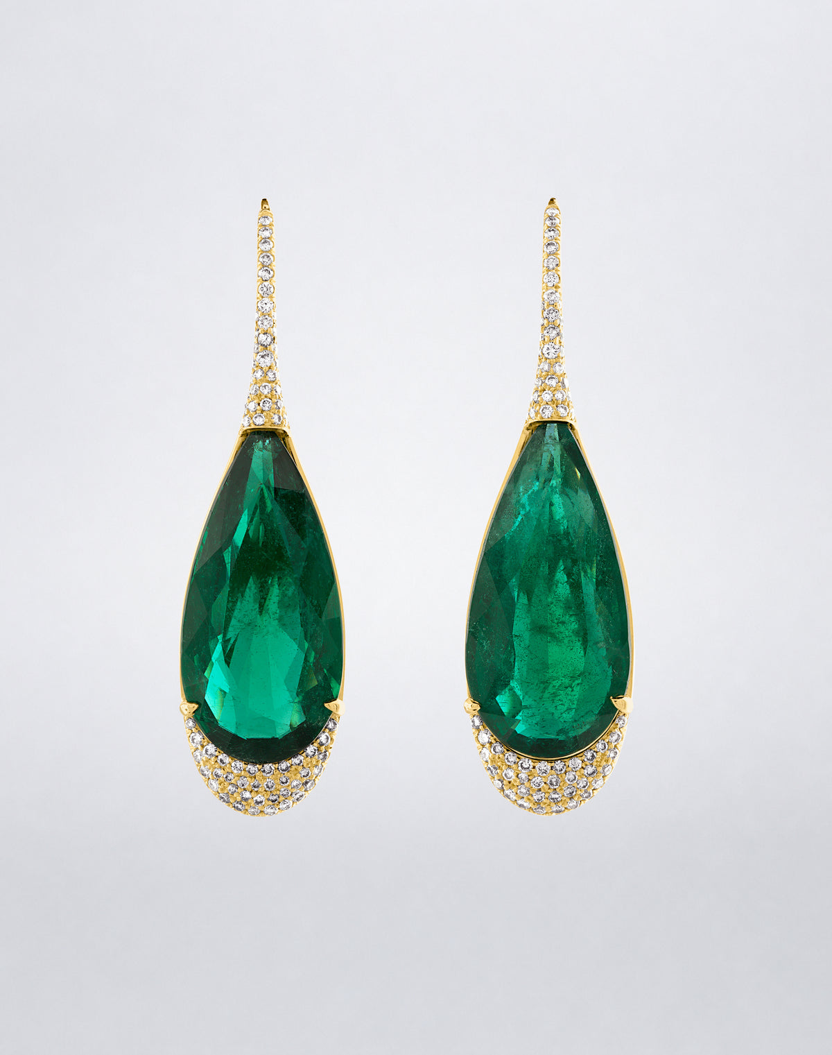 Mindi Mond New York ICONS Zambian Emerald and Diamond Drop Earrings in 18K yellow gold, front view featuring elongated pear-cut Zambian emeralds accented with pavé diamonds.