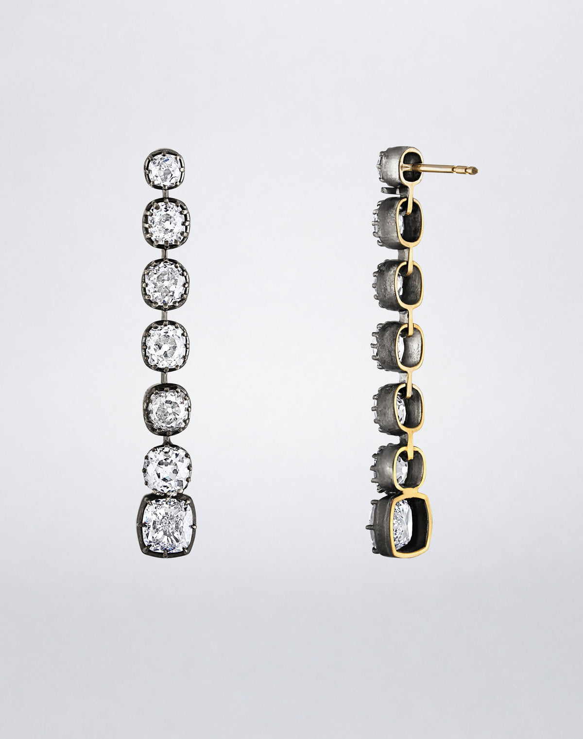 Front and reverse view of the one-of-a-kind Cushion-Cut Diamond Line Earrings showing seven graduated diamond settings.