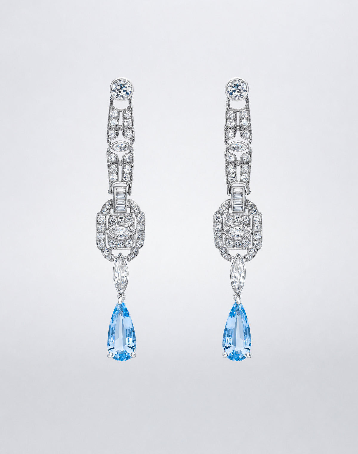 One-of-a-kind Deco Aquamarine and Diamond Pendant Earrings with pear-shaped aquamarine drops and geometric mixed-cut diamond detailing.