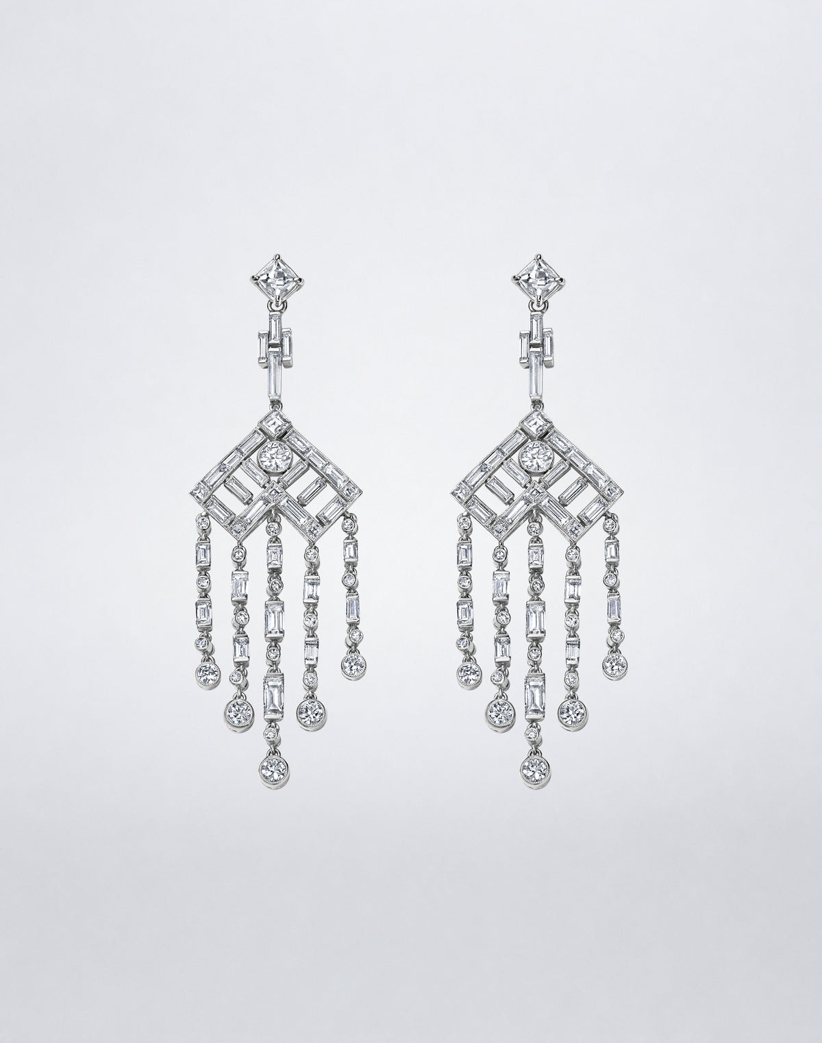 One-of-a-kind J’Adore Diamond Chandelier Earrings featuring geometric mixed-cut diamonds with five cascading articulated diamond strands.