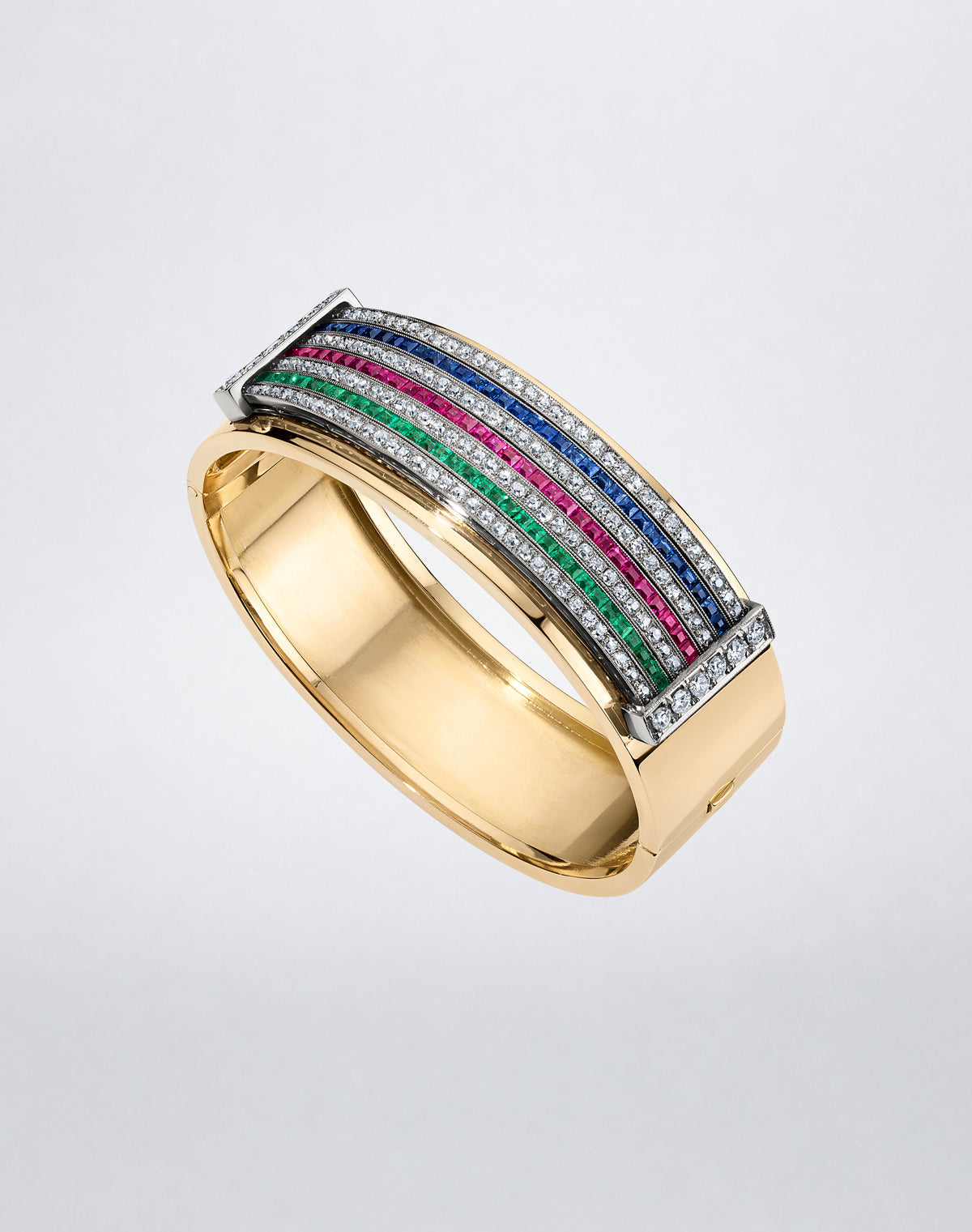 One-of-a-kind Mindi Mond New York RECONCEIVED Spectrum Diamond and Gemstone Bracelet with multicolor gemstone and diamond rows, angled view.