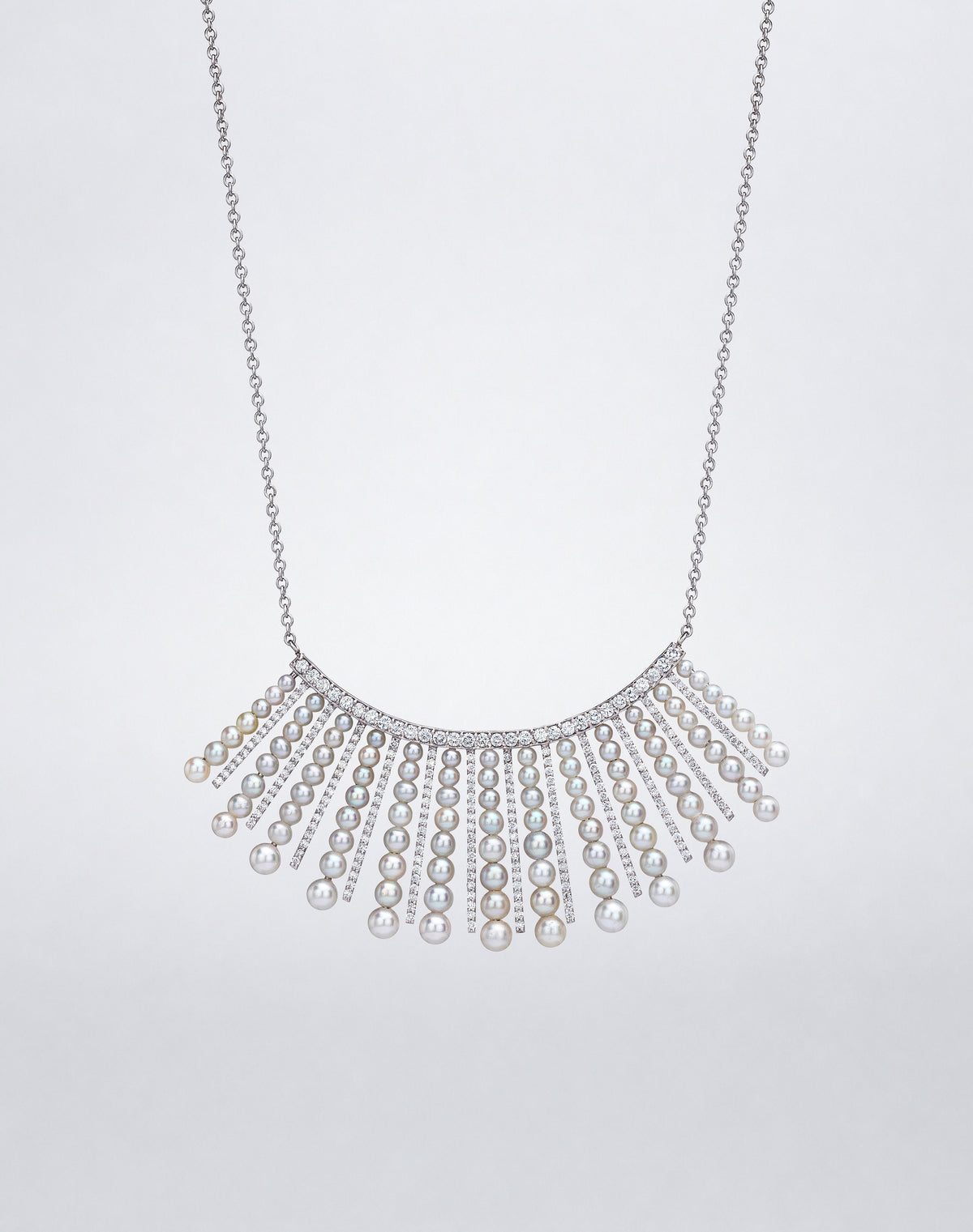 Mindi Mond New York Diamond and Pearl Spoke Necklace with pearls and pavé diamond spokes in 18K white gold