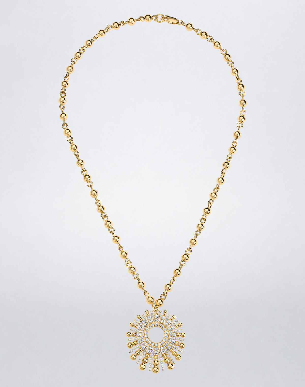 Mindi Mond New York Gold Ball Spoke Necklace with diamond medallion, gold beads and pavé diamond spokes on an 18K yellow gold chain